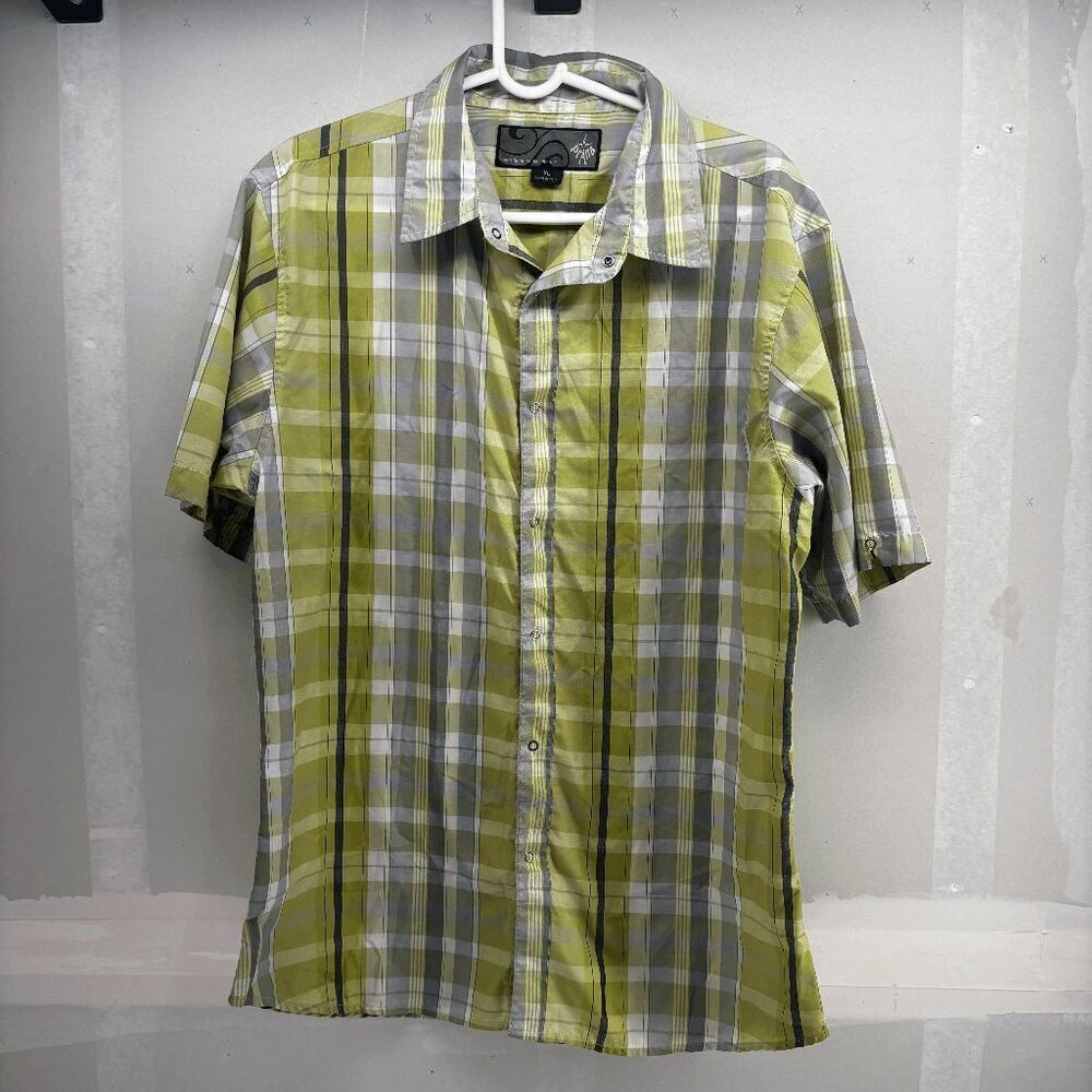 prAna Shirt Mens XL Snap Button Up Outdoors Hiking Camp Tartan Plaid Yellow Gray